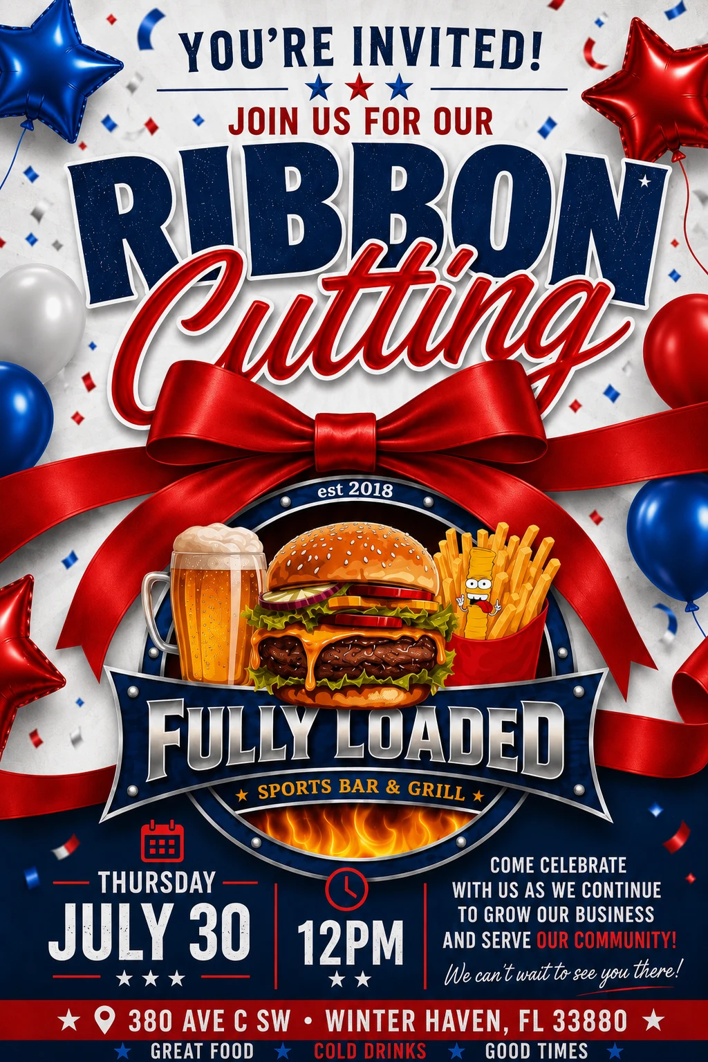 Ribbon Cutting flyer for Fully Loaded on Thursday, July 30 at 12 PM